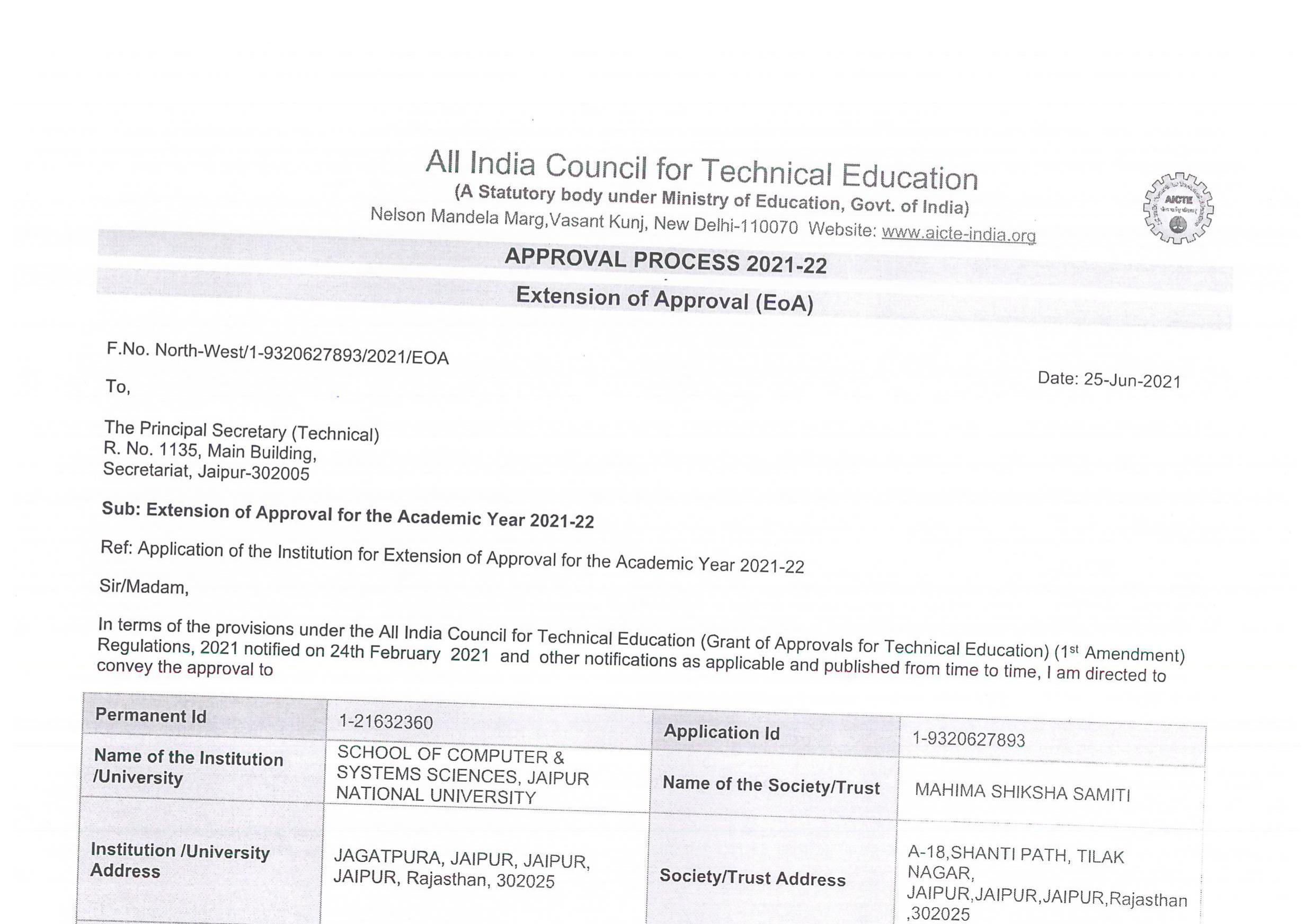 AICTE - Extension of Approval for 2021-22- Jaipur National University (School of Hotel Management an