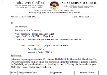 Renewal of Suitablility for the academic year 2020-2021 (Indian Nursing Council)